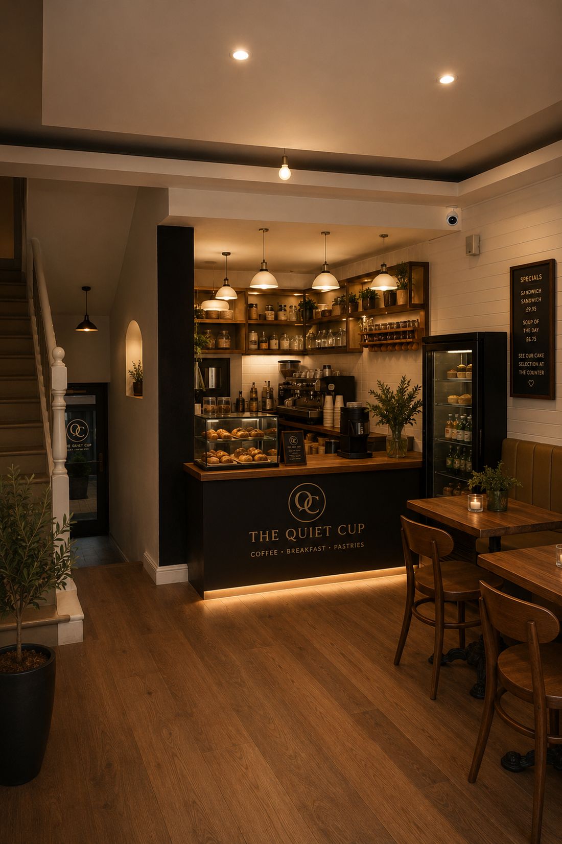 Espresso machine and morning pastries on the counter at The Quiet Cup