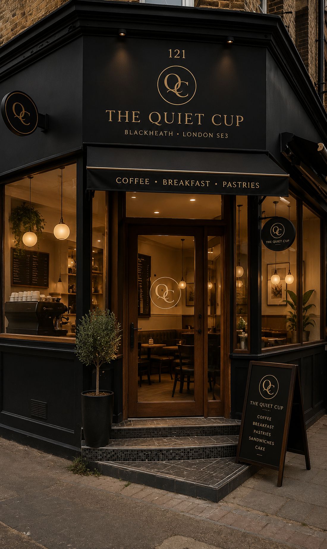 The Quiet Cup — black corner shopfront at 121 Lee Road, Blackheath